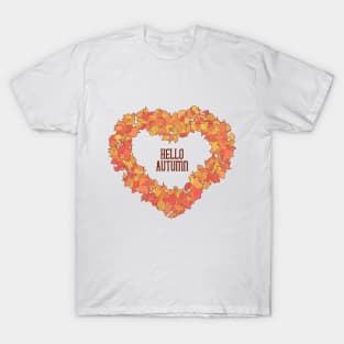 Hand Drawn Hello Autumn Heart Leaves T-Shirt